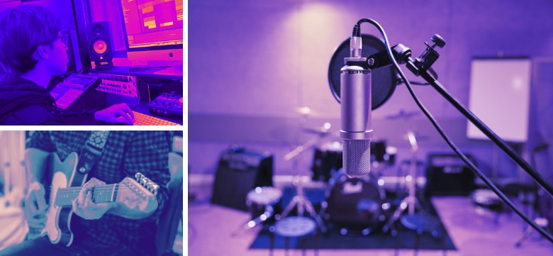 Studio de musique avec micro, guitare électrique et batterie, illustrant l'univers des musiques actuelles